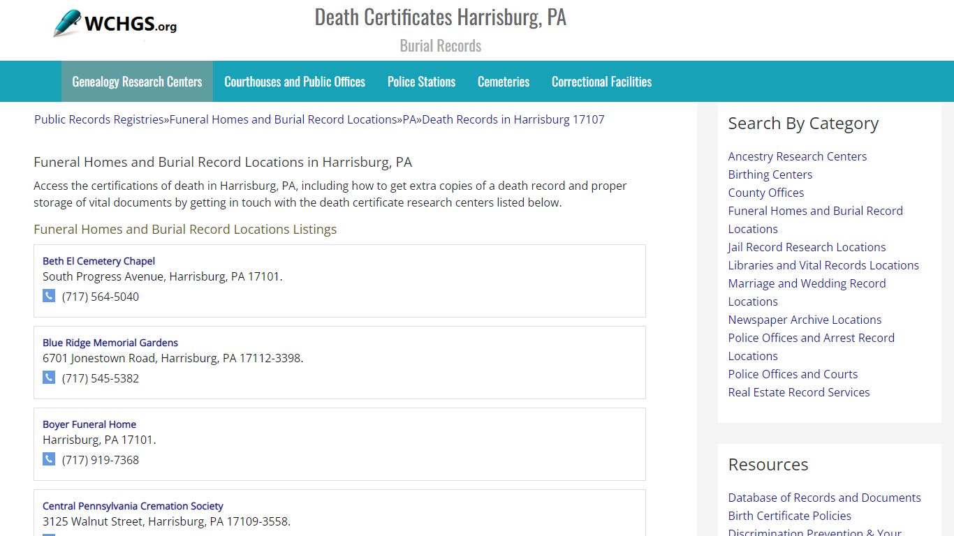 Death Certificates Harrisburg, PA - Burial Records - WCHGS.org